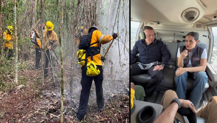 Estefanía Mercado supervisa desde el aire zonas afectadas por incendios forestales en Puerto Aventuras