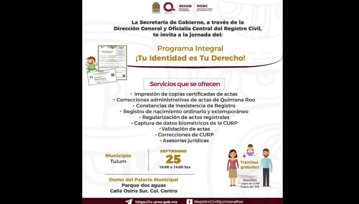 Realizarán jornada gratuita de servicios del Registro Civil en Tulum